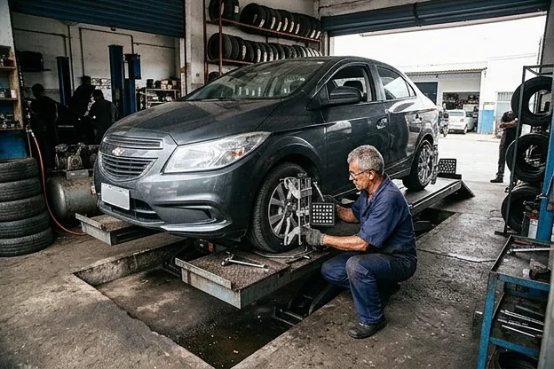 Carro sendo alinhado por um mecânico.