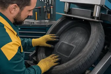 Técnico fazendo vulcanização de pneus.