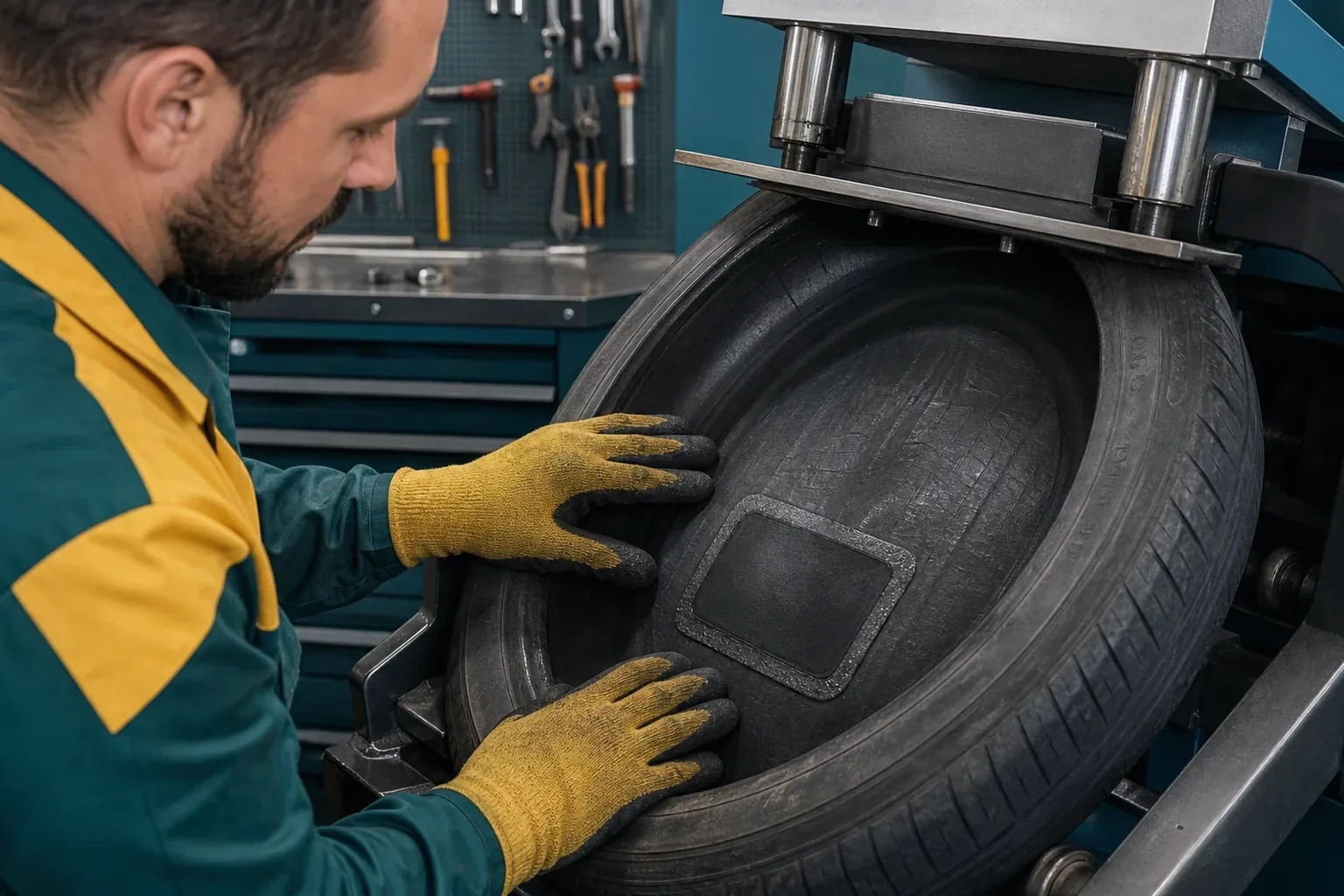 Técnico fazendo vulcanização de pneus.