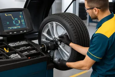 Técnico realizando balanceamento de rodas.