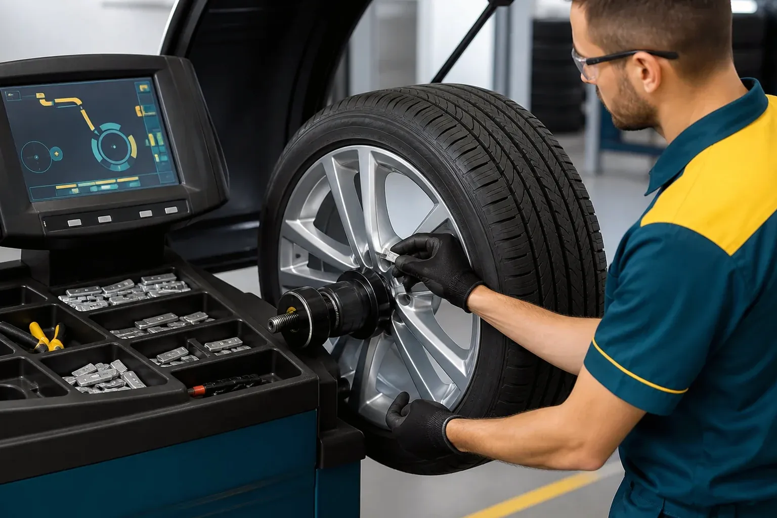 Técnico realizando balanceamento de rodas.